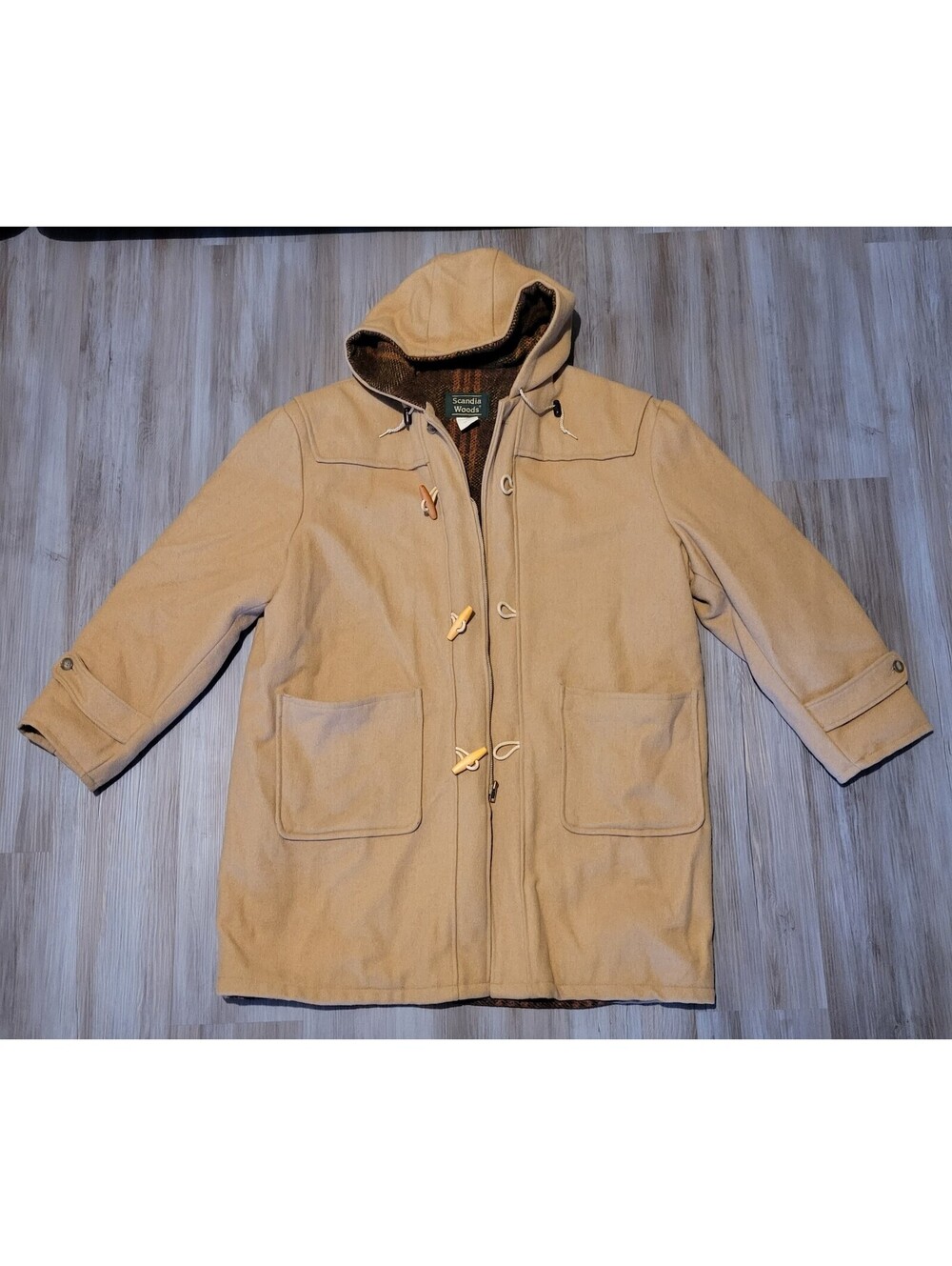VINTAGE Heavy Tan Wool Hooded Duffle Coat Cold Snow Winter Jacket